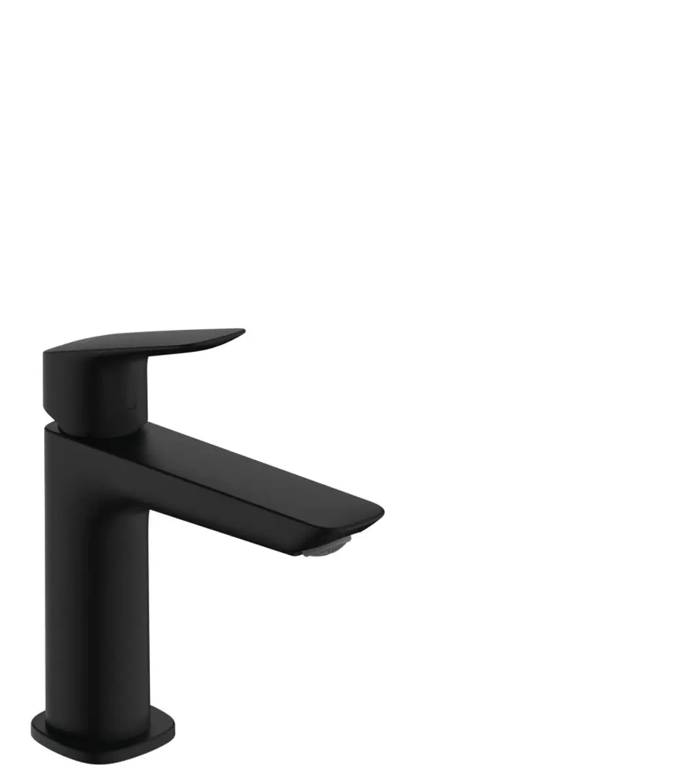 Schwarzer Einhebel-Waschtischmischer von Hansgrohe mit flachem Hebel und Zugstangen-Ablaufgarnitur. Klarer, minimalistischer Stil.